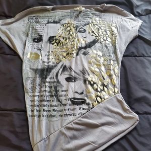 Med top VIXEN gray w/gold black design, angled hem